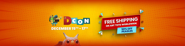 Image of Peagle and DCON logo with text: December 15th-18th! Free shipping on art toys worldwide! 50% off Peagles!