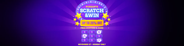 Purple and yellow scratch card with text: PureArts Scratch & Win! Up to 25% off, free shipping & more!