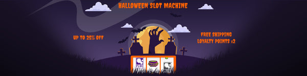 Purple background with gravestones & a zombie arm on top of a slot machine featuring the PureArts logo on 2 slots and a purple and green cauldron in one slot. Orange text reading: Halloween Slot Machine! Up to 25% Off, free shipping, 2x loyalty points!
